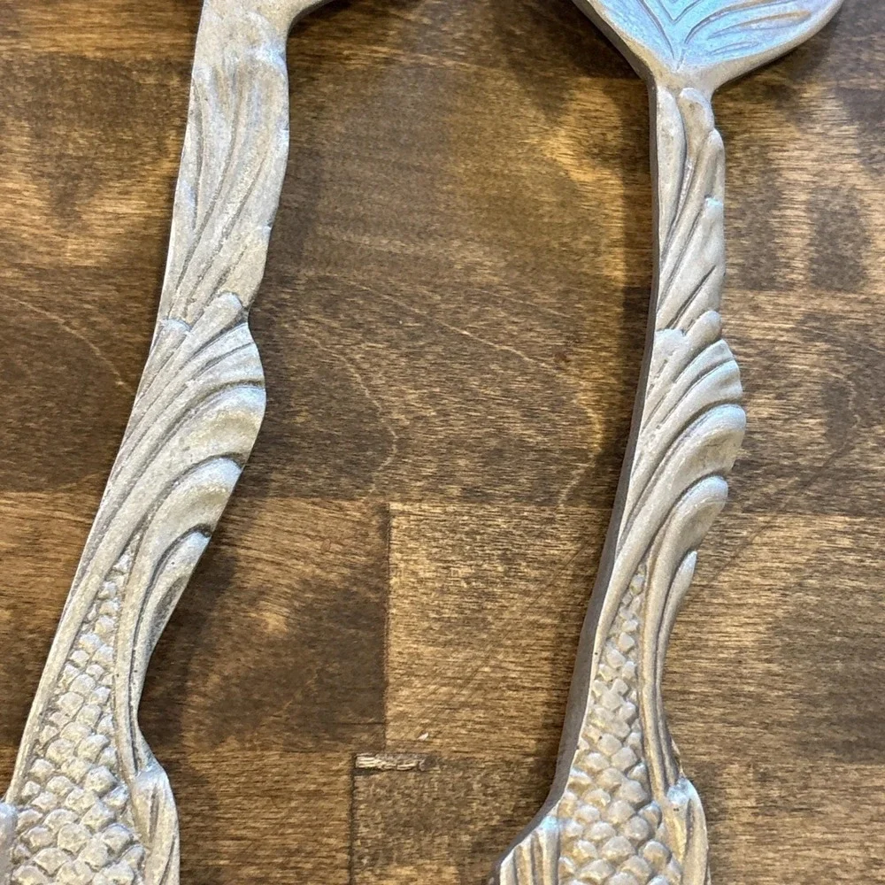 Vintage Hand-Cast Pewter Koi Fish Salad Serving Set - Artisan C.16 Pattern 11.5